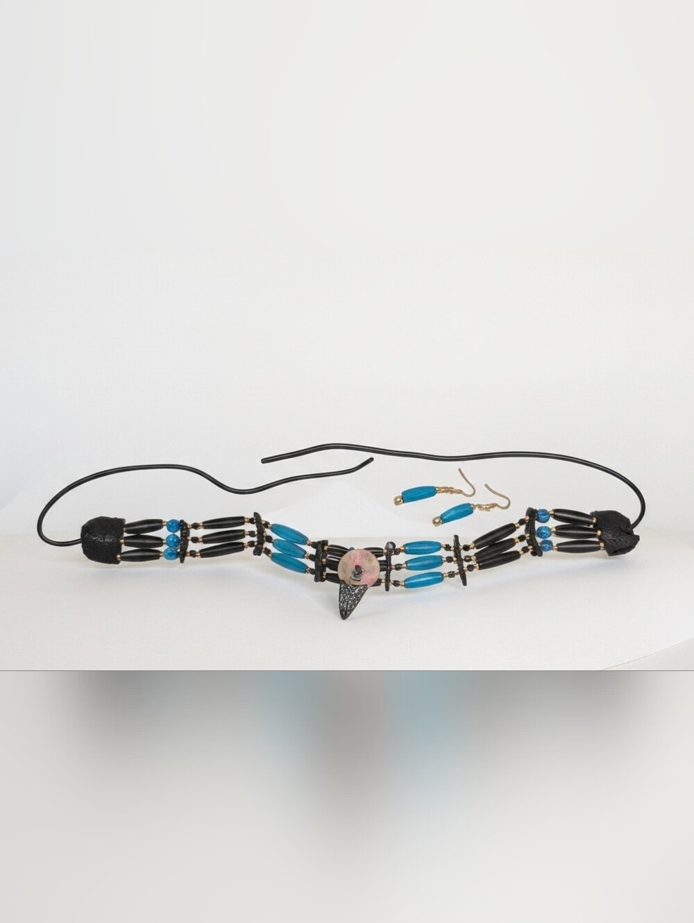 Indigenous Turquoise & Black Buffalo Bone Beaded Choker w/ Earring Set